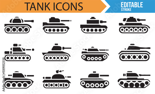 Collection of combat tank icons for military-themed designs in web and print media.