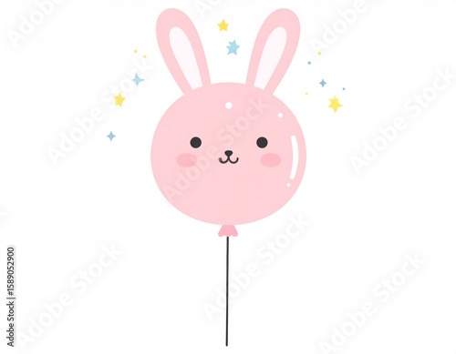 Cute Pink Bunny Balloon Floating With Stars On White Background
