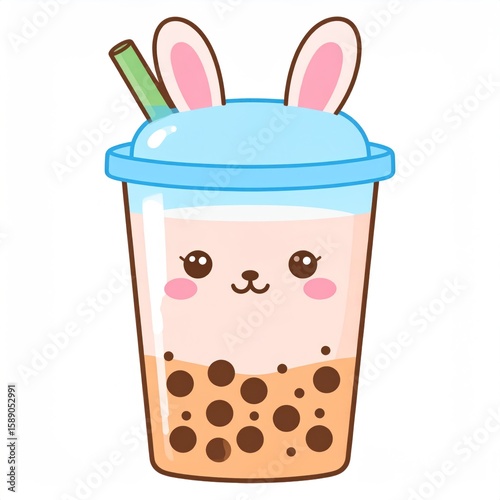 Cute Pixelated Bunny Boba Drink With Cartoon Eyes And Lid Isolated On White Background