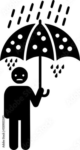 The person holds an umbrella with holes through which rain pours, symbolizing the futility of their efforts and a sense of doom.