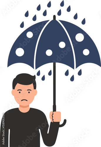 The person holds an umbrella with holes through which rain pours, symbolizing the futility of their efforts and a sense of doom.