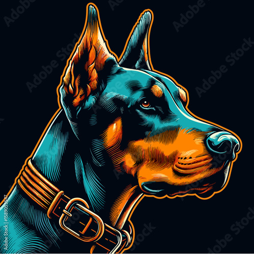 Doberman Pinscher in pop art vector art on dark background