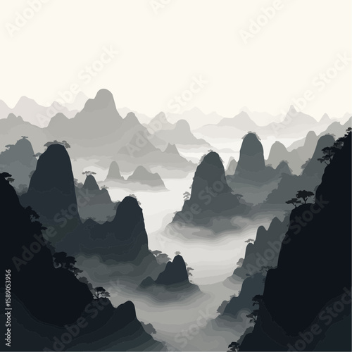 Silhouette vector, Zhangjiajie mountain range in monochrome with mist and mountains  