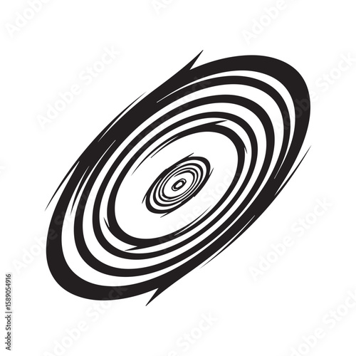 Abstract elliptical spiral, black and white vortex graphic with a perspective view, symbolizing a galaxy, whirlpool, or infinite tunnel.