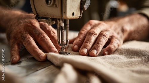 Close-up of skilled artisan sewing fabric with vintage sewing machine in workshop.