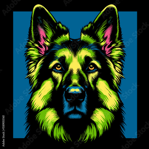 German Shepherd pop art vector portrait with neon green and navy contrast
