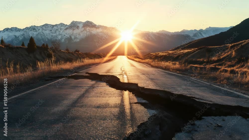Deep cracks run down the middle of an asphalt road, cutting across the double yellow lines, while the sun sets behind snow capped mountains, illustrating the devastating impact of an earthquake
