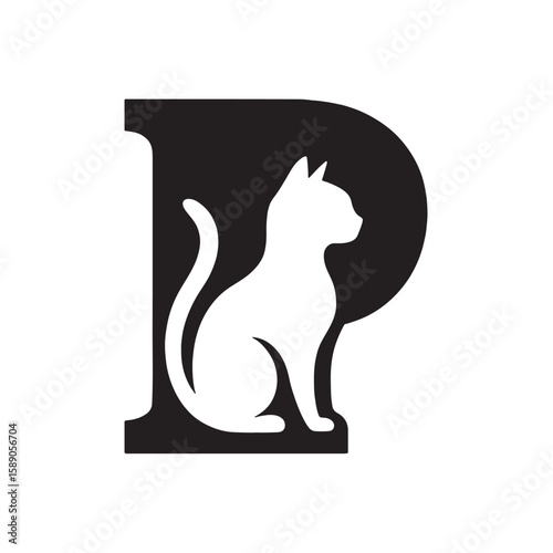 Black letter p with white cat silhouette feline animal