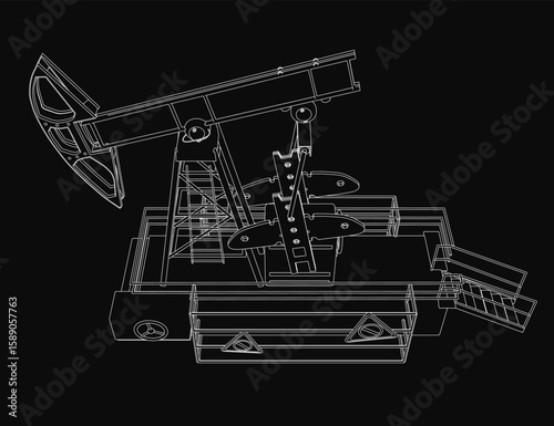 Black and white contour drawing of an oil pump jack with detailed mechanical components. The industrial equipment stands out sharply against a solid black background.