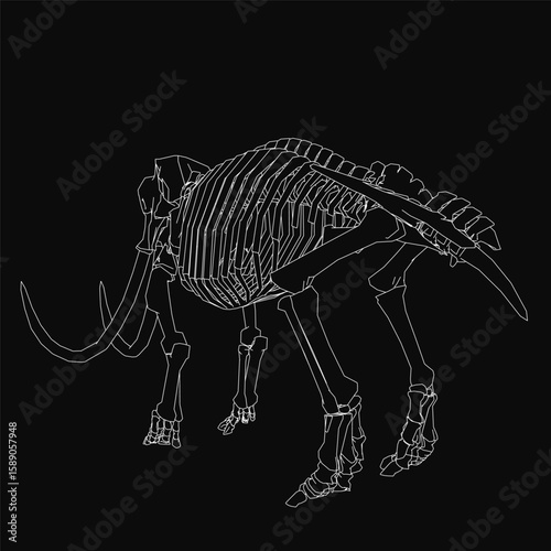 A black and white contour drawing of a woolly mammoth skeleton stands out against a dark background. The detailed illustration highlights the prehistoric creature's massive bones and tusks.