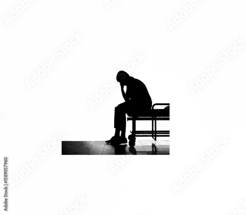 Silhouette of patient sitting in hospital corridor on white background