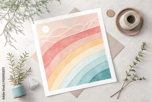 Boho Abstract Landscape Art | Earth Tone Wave Poster with Plants