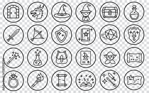 RPG fantasy game icons. Medieval adventure outline symbols pack. Game design web mobile app. Simple style white background vector