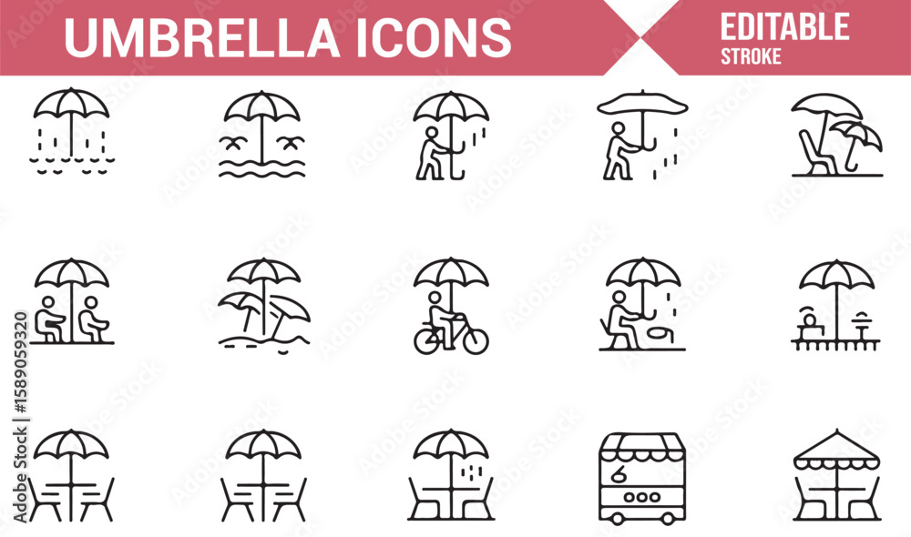 Obraz premium A set of line icons featuring different umbrella scenes, perfect for weather-related and lifestyle content.
