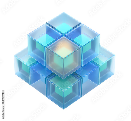 Transparent blue blocks are stacked in a pyramid shape against a black background, creating an abstract geometric composition.