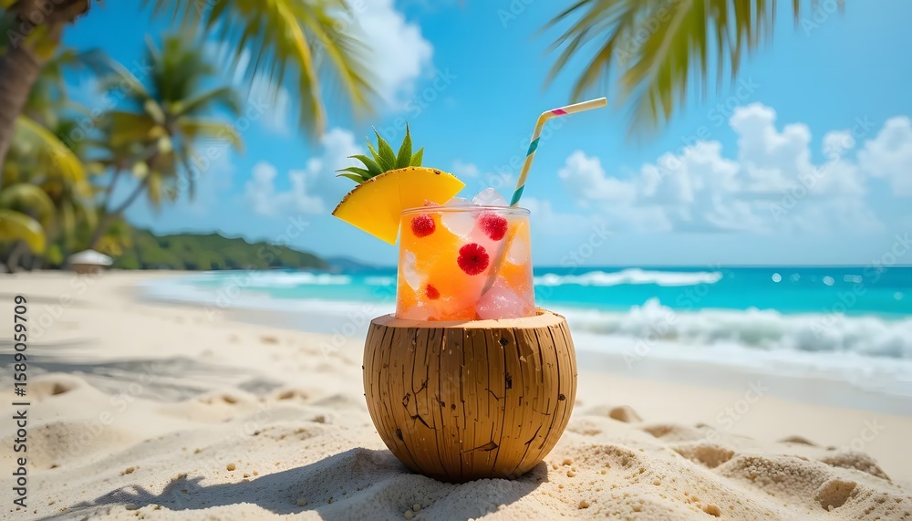Obraz premium Refreshing tropical drink on a sandy beach