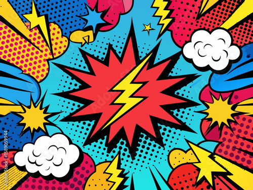 Dynamic Comic Book Style Background with Explosions Lightning Bolts Clouds and Halftone Dots in Bright Colors