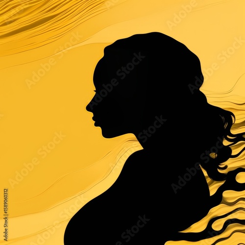 Black silhouette of a woman with hair blowing in the wind on a yellow background