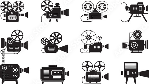 "Set of 12 Black Line Icons Featuring Vintage Film Projectors and Camera Devices"
