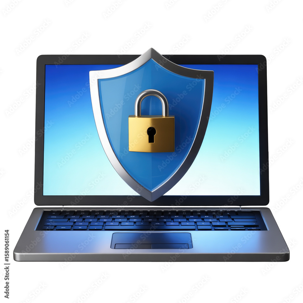 Online security symbolized with a golden lock on a shield overlaying a laptop screen display Online security symbolized with a golden lock on a shield overlaying a laptop screen display