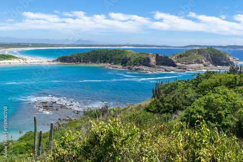 Fototapeta Naklejka Na Ścianę i Meble -  View from above of Conchas beach. With lots of vegetation and mountains around. Sea with crystal clear waters and beautiful blue sky. Cabo Frio, Rio de Janeiro, Brazil.