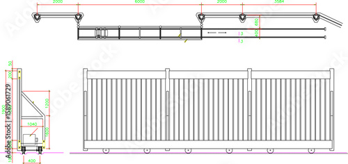 silhouette sketch vector illustration of modern iron fence gate design plan and elevation