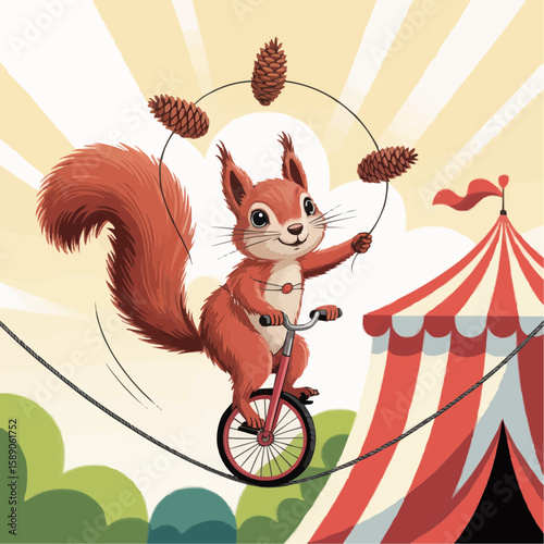 Circus Squirrel Performing on Tightrope with Pinecones