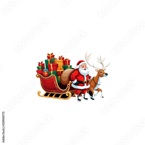 A cartoon santa claus with a reindeer and a sleigh full of christmas gifts