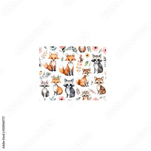 A whimsical pattern of woodland creatures scattered on a white background