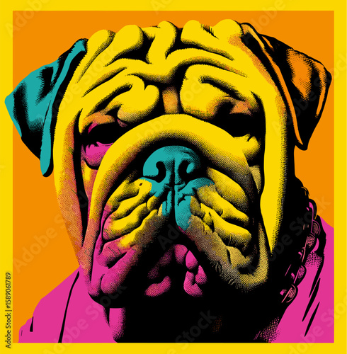 Shar Pei with wrinkled face in bright pop art vector illustration
