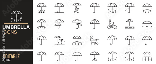 Collection of umbrella icons for various scenarios like picnicking, cycling, and sitting under shade.