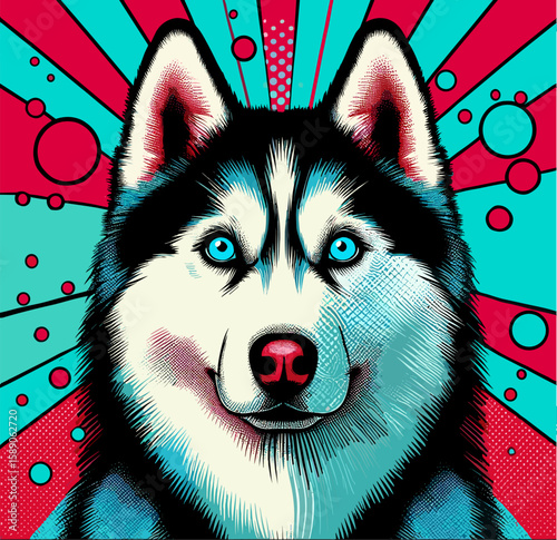 Siberian Husky with blue eyes in pop art vector illustration