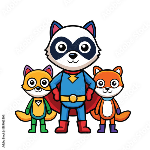 Cute Animal Superhero Mascot Set – Cat, Dog, Panda & Fox Vector Illustration

