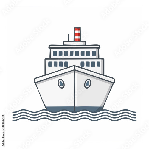 Front View of White Cruise Ship Cartoon Traversing Wavy Waters