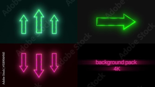 Pack of glowing arrows up, down, sideways. a set of neon loop arrows.