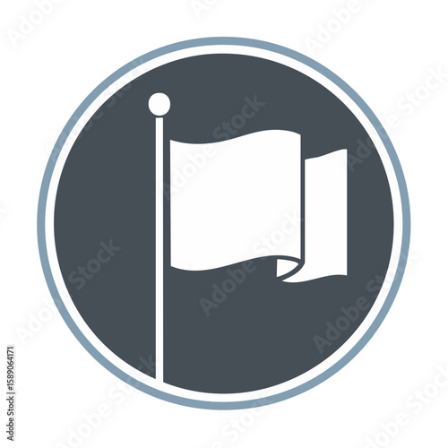 Flag Pole Graphic Icon Marker Button White Cloth Fluttering in Round Emblem