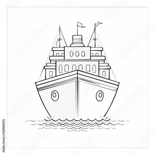 Line Art Illustration of a Boat Cruise Ship on the Water with Waves