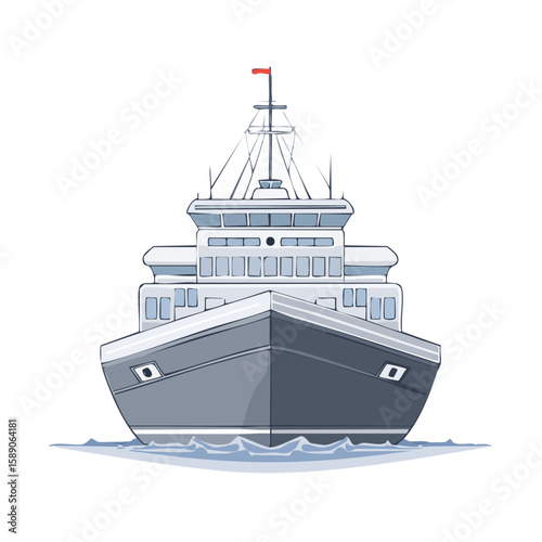Cruise liner ship sailing ocean sea vector cartoon illustration on black background. Passenger transportation vessel front view.
