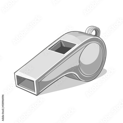 Illustration of a shiny silver whistle used for refereeing games or blowing to get attention on a black background