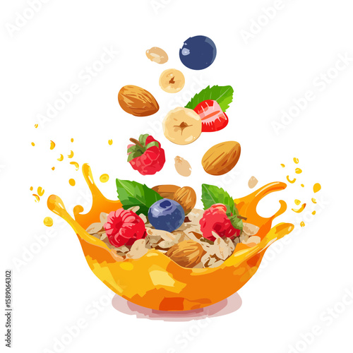 A vibrant illustration of a breakfast bowl overflowing with fresh fruits and nuts