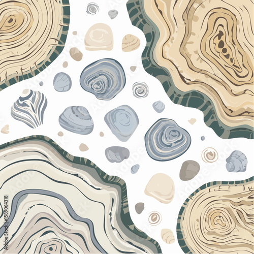 Abstract Art Featuring Tree Rings and Pebbles in Muted, Earthy Tones