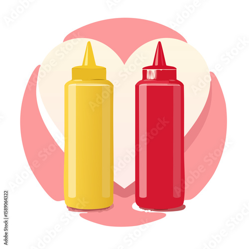 Ketchup and Mustard Bottles in Front of a Heart