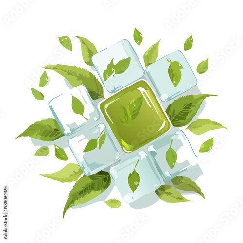 Refreshing green tea with ice cubes and mint leaves illustration
