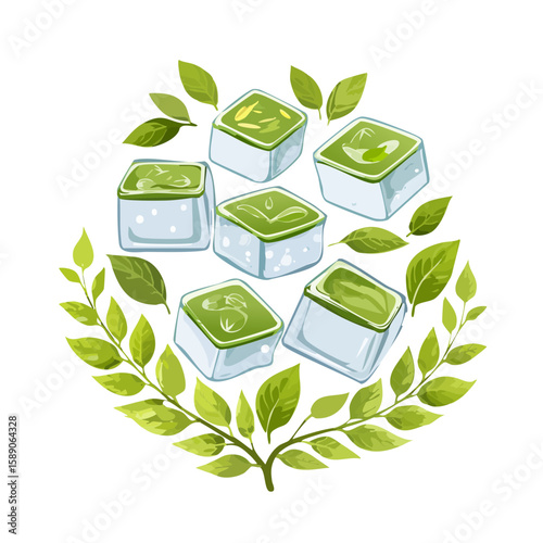 Matcha Ice Cubes with Green Tea Leaves Illustration