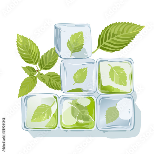 Ice cubes with mint leaves for refreshing summer drinks and cocktails.