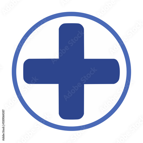 Blue plus sign icon inside a white circle with blue outline on black background symbol help medical emergency