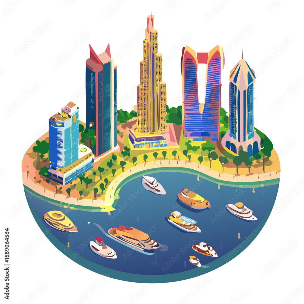 Obraz premium Isometric Cityscape with Buildings and Boats in a Bay
