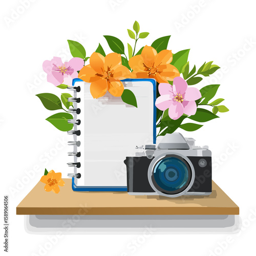 Flowers and a Vintage Camera Still Life Vector Illustration