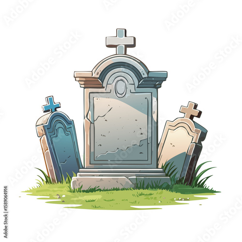 Cartoon Graveyard Illustration with Tombstones and Grass in a Spooky Black Background