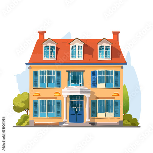 Cartoon Two-Story House with Red Roof and Blue Shutters